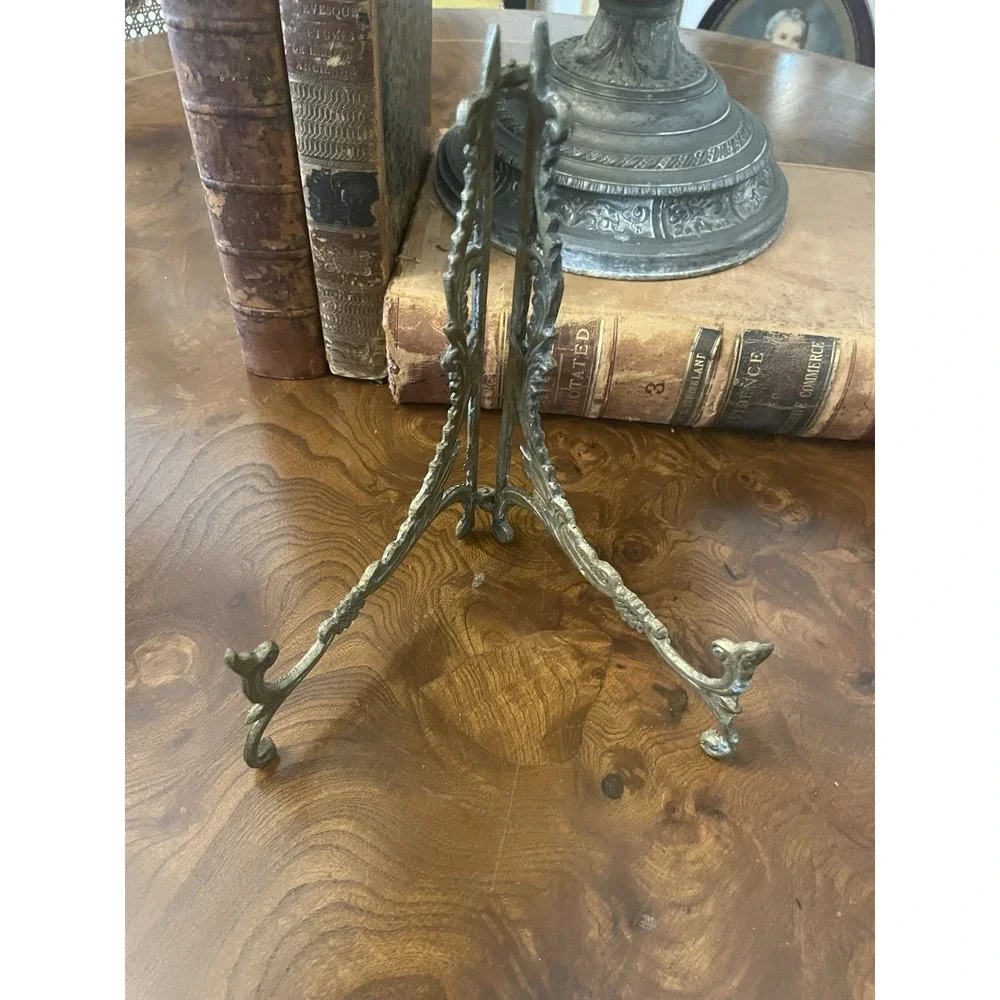 Vtg Lg Ornate Brass Scroll Folding Easel Plate Picture Art Stand 8